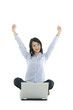 Photo: girl sitting with a laptop against white background girl sitting with a laptop against white background