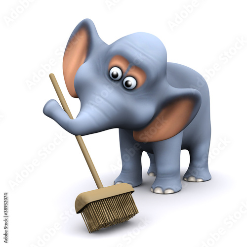 Illustration: 3d Elephant sweeps with his broom 3d Elephant sweeps with his broom