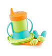 Multi Colored Baby Bottle and Baby utensil isolated on white