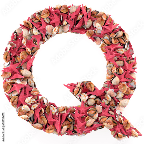 Illustration: Q letter from seashells and starfish. Q letter from seashells and starfish.