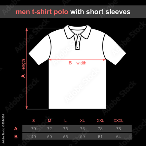 Vector: Men t-shirt polo with short sleeves. Table sizes shirt. Men t-shirt polo with short sleeves. Table sizes shirt.
