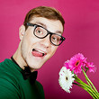 a crazy man with a bouquet of flowers