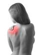 Photo: Rear view of a young woman holding her shoulder in pain, isolate Rear view of a young woman holding her shoulder in pain, isolate