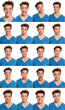 Young man face expressions composite isolated on white back
