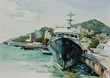 watercolor yacht in port Yalta
