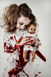 Girl Child Ghost or Zombie Covered in Blood with Knife and Baby