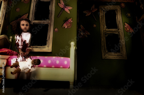 Photo: Bloody Ghost Girl with Doll in Bedroom Bloody Ghost Girl with Doll in Bedroom