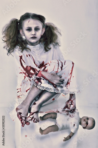 Photo: Girl Child Ghost or Zombie Covered in Blood with Baby Doll Girl Child Ghost or Zombie Covered in Blood with Baby Doll