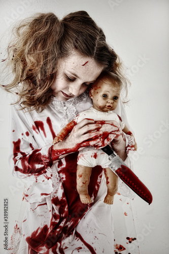 Photo: Girl Child Ghost or Zombie Covered in Blood with Knife and Baby Girl Child Ghost or Zombie Covered in Blood with Knife and Baby