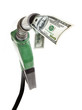 Green gas pump with dollar bills strong perspective