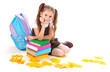 beautiful little girl, books and a backpack isolated on white beautiful little girl, books and a backpack isolated on white