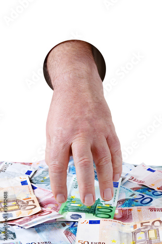 Foto: Hand kommt durch das Loch und nimmt Geld Hand kommt durch das Loch und nimmt Geld