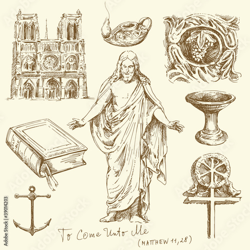 Vector: religion, christianity - hand drawn set religion, christianity - hand drawn set