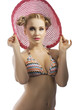 blond lady with summer pink hat