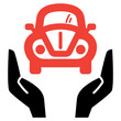 Hands holding red retro car, vector icon