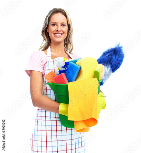 Photo: Young smiling cleaner woman. Young smiling cleaner woman.