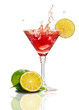 Red martini cocktail with splash and lime isolated