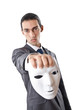 Industrial espionage concept with masked businessman