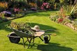 Foto: Schubkarre und Gießkanne im herbstlichen Garten Schubkarre und Gießkanne im herbstlichen Garten