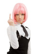 schoolgirl with pink hair showing middle finger