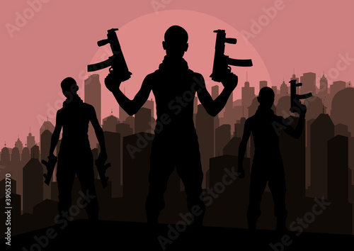 Vektor: Bandits and criminals silhouettes in skyscraper city Bandits and criminals silhouettes in skyscraper city