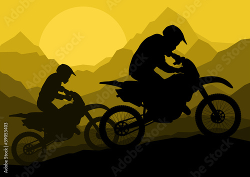 Vector: Motorbike riders motorcycle silhouettes in wild mountain Motorbike riders motorcycle silhouettes in wild mountain