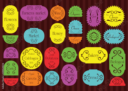 Vector: Colorful organic farmers market food labels frames and elements Colorful organic farmers market food labels frames and elements