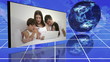 Family videos next to statistics and turning globe