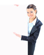 Beautiful business woman with a white banner.