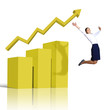 Young woman jumping against financial charts