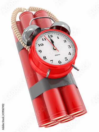 Illustration: Time bomb with alarm clock detonator. Dynamit. 3d Time bomb with alarm clock detonator. Dynamit. 3d