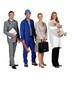 A doctor, a workman, an office woman and a vet with a dog