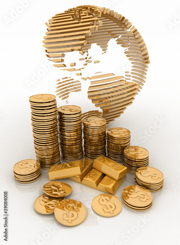 Illustration: Gold globe with many gold coins and bullions Gold globe with many gold coins and bullions