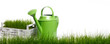 Extra large horizontal strip of grass and garden tools  on white