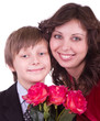 Little schoolboy with mother isolated