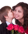 Little schoolboy with mother isolated