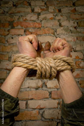 Photo: Hands tied up with rope Hands tied up with rope