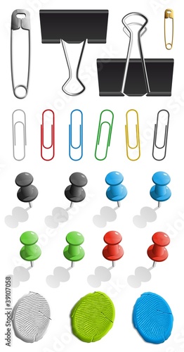 Vector: Elements for attaching paper: pin, plasticine and paperclip set Elements for attaching paper: pin, plasticine and paperclip set