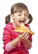Photo: happy little girl eating pizza - white background happy little girl eating pizza - white background