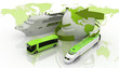marine liner, yacht and train on map of the world.