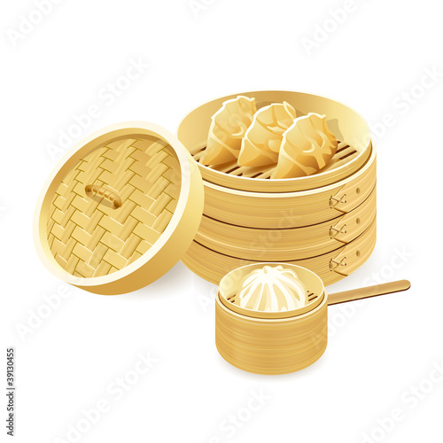Vector: Bamboo steamers with gyoza and baozi dumplings Bamboo steamers with gyoza and baozi dumplings