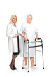 Female doctor or nurse helping a senior patient to use a walker