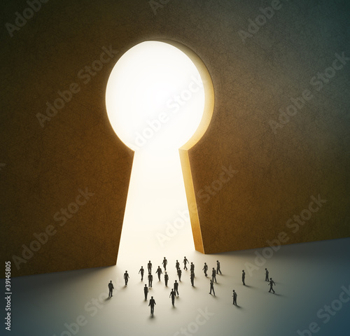 Illustration: Tiny people walking into keyhole Tiny people walking into keyhole