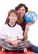 Little schoolboy with mother isolated