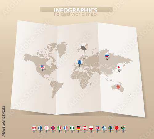 Vector: World map on old map and flags of different countries World map on old map and flags of different countries