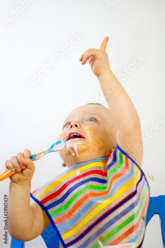 Photo: Babies Food Over Face Whilst Pointing Babies Food Over Face Whilst Pointing