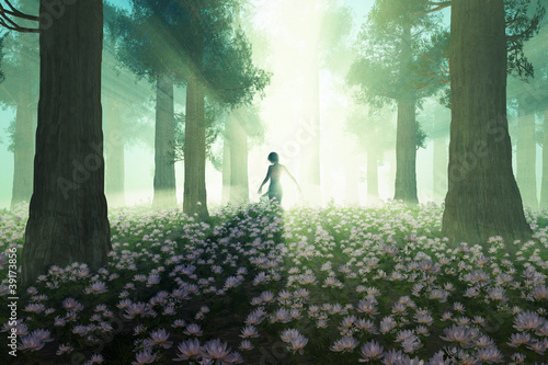 Illustration: Woman in the morning forest Woman in the morning forest