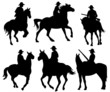 cowboy riding a horse - set of black silhouettes on white