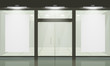 Shop with glass windows and doors, front view.
