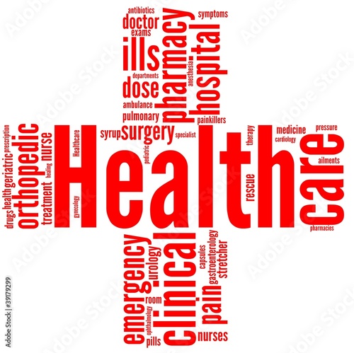 Illustration: healthcare e salute - tag cloud a forma di croce rossa healthcare e salute - tag cloud a forma di croce rossa